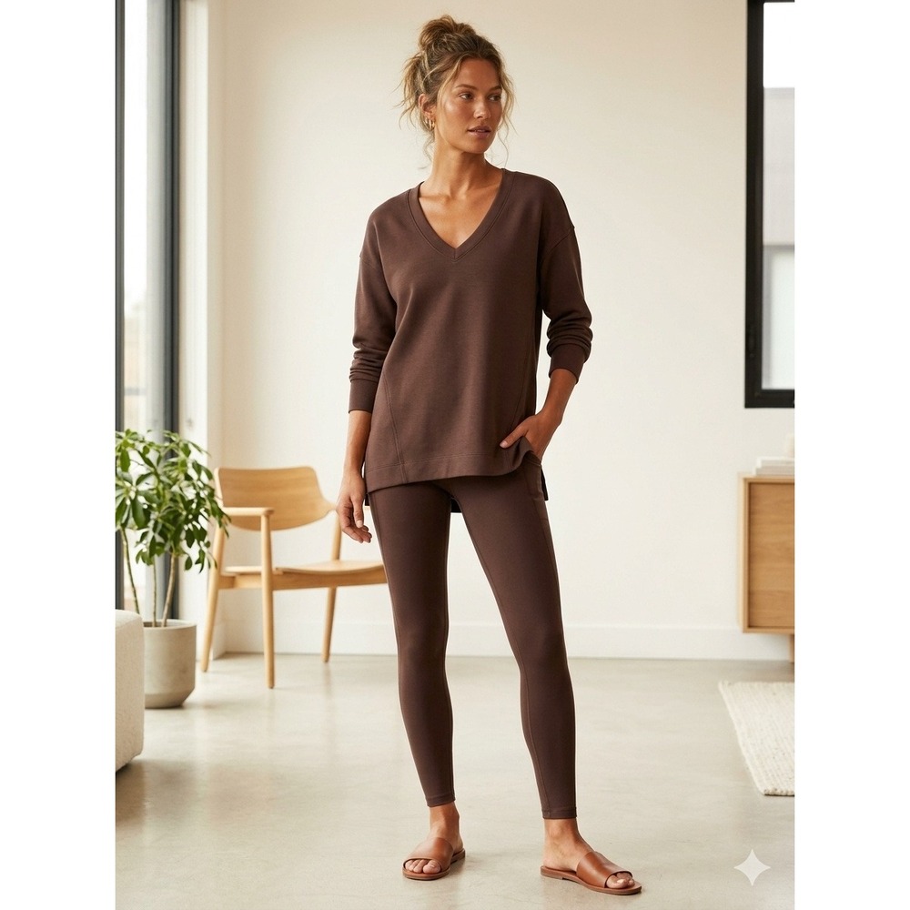 Spanx Brushed AE Tunic Espresso Brown V-Neck Sweatshirt NWT Small